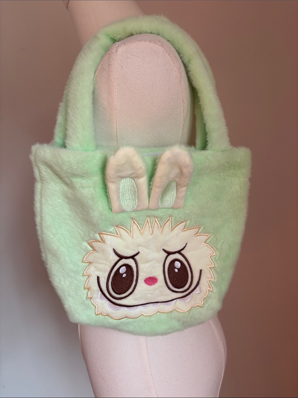 Plush Bunny-Eared Kids Tote Bag in Mint Green